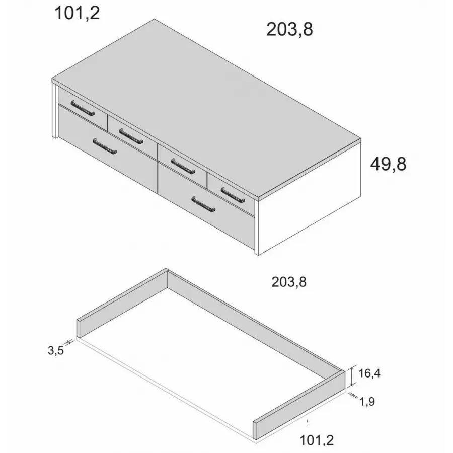 Nido con cuatro cajones y dos contenedores con bañera de perfil bajo