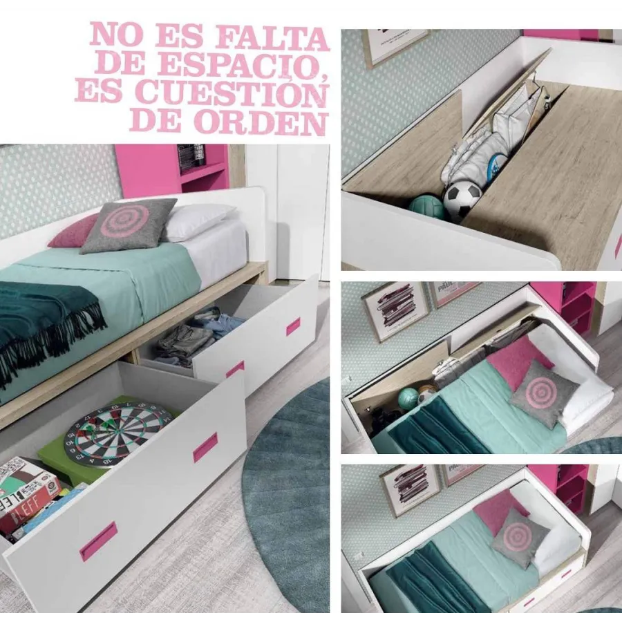 Cama juvenil con contenedores gran capacidad y guías de cierre auto