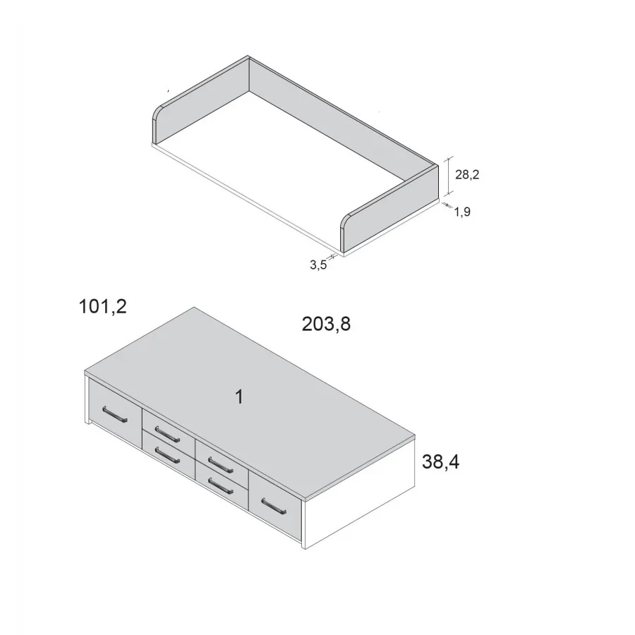 Cama nido con cuatro cajones y dos contenedores con sistemas de auto cierre