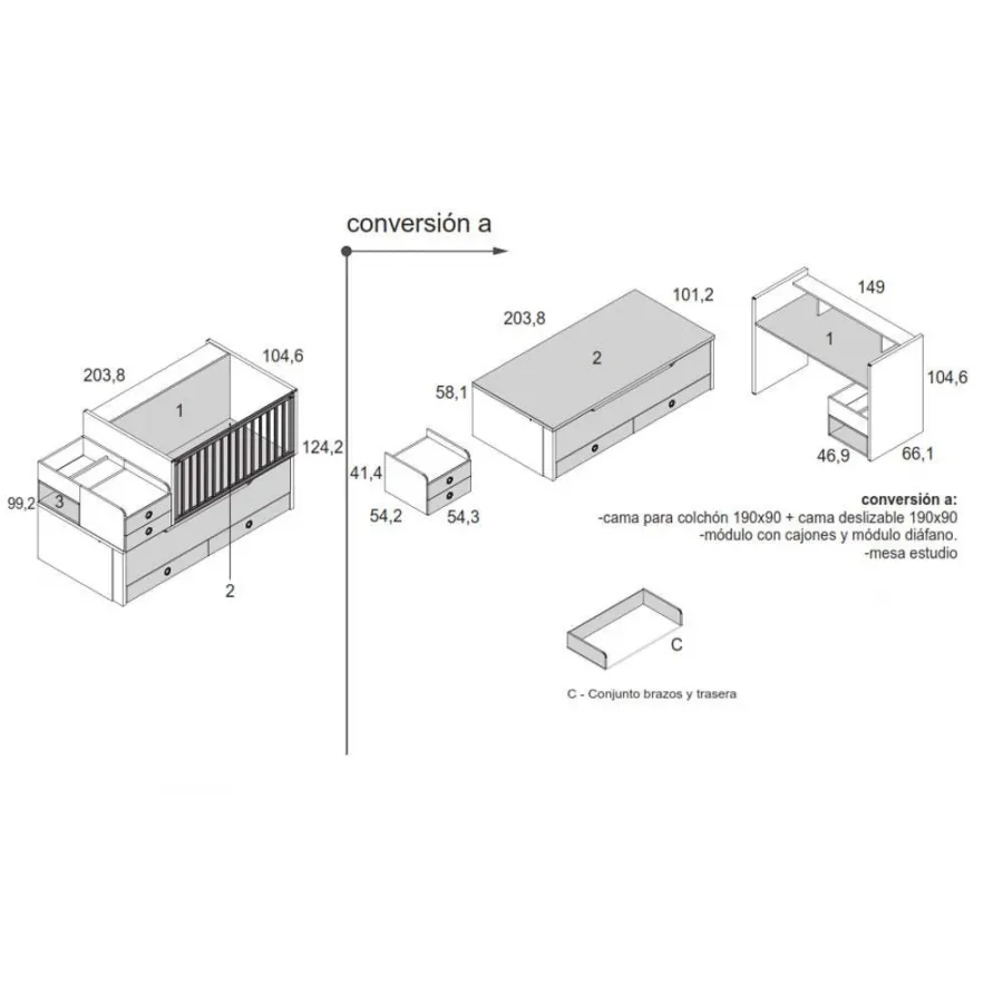Composición armario y cuna convertible a dos camas nido