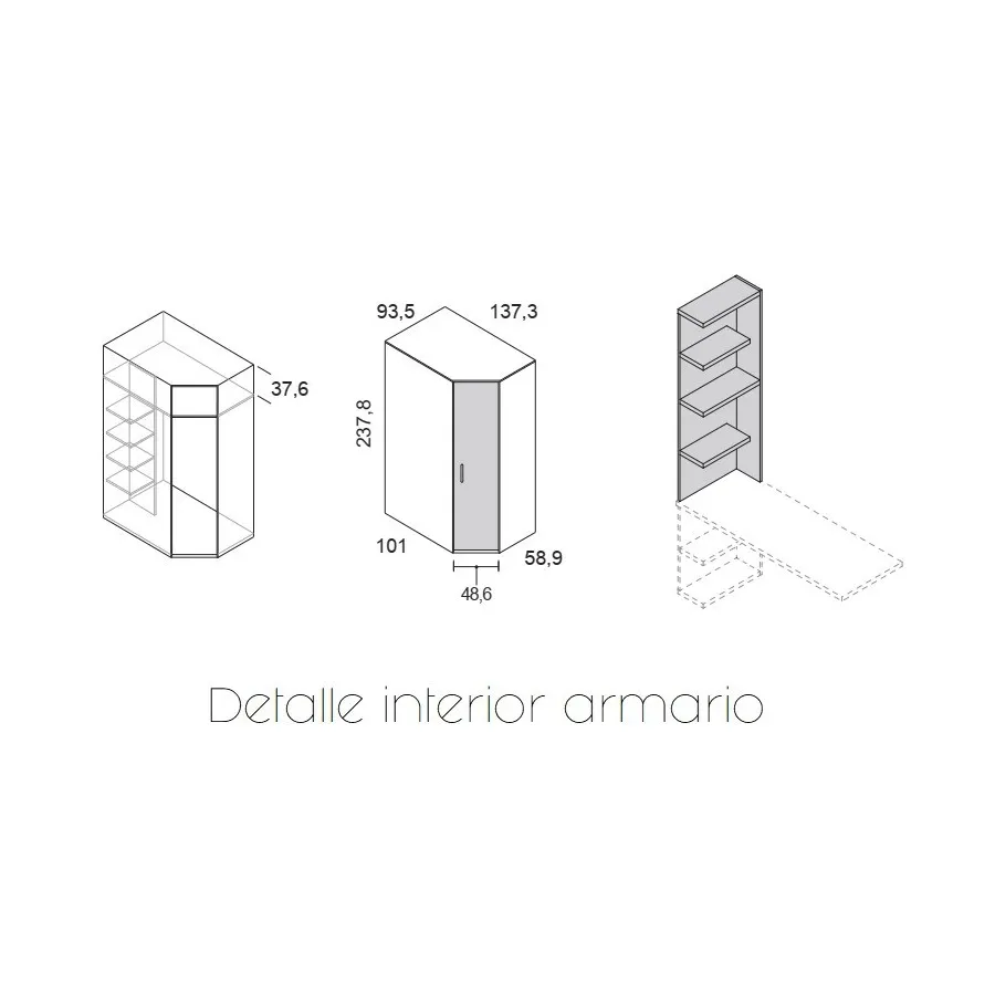 Dormitorio juvenil con cama compacta con canape y armario chaflan