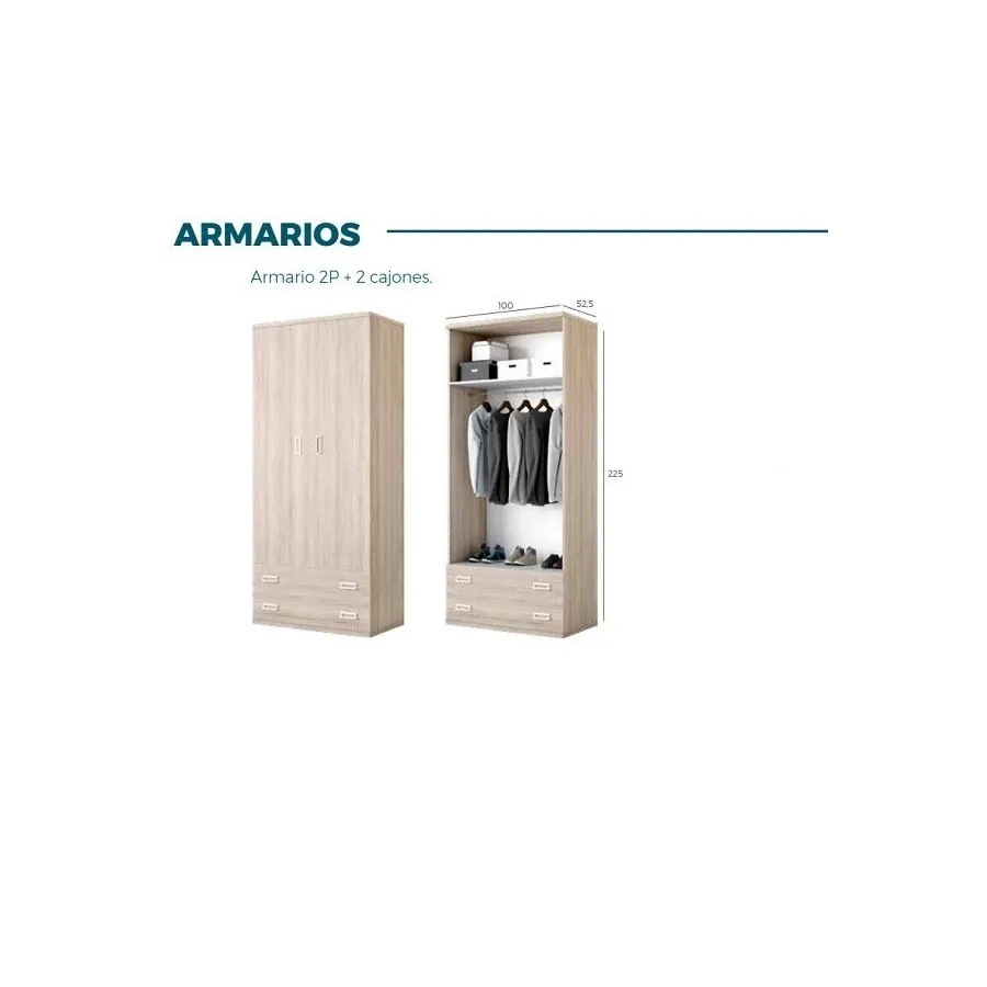 Armario juvenil de dos puertas y dos cajones