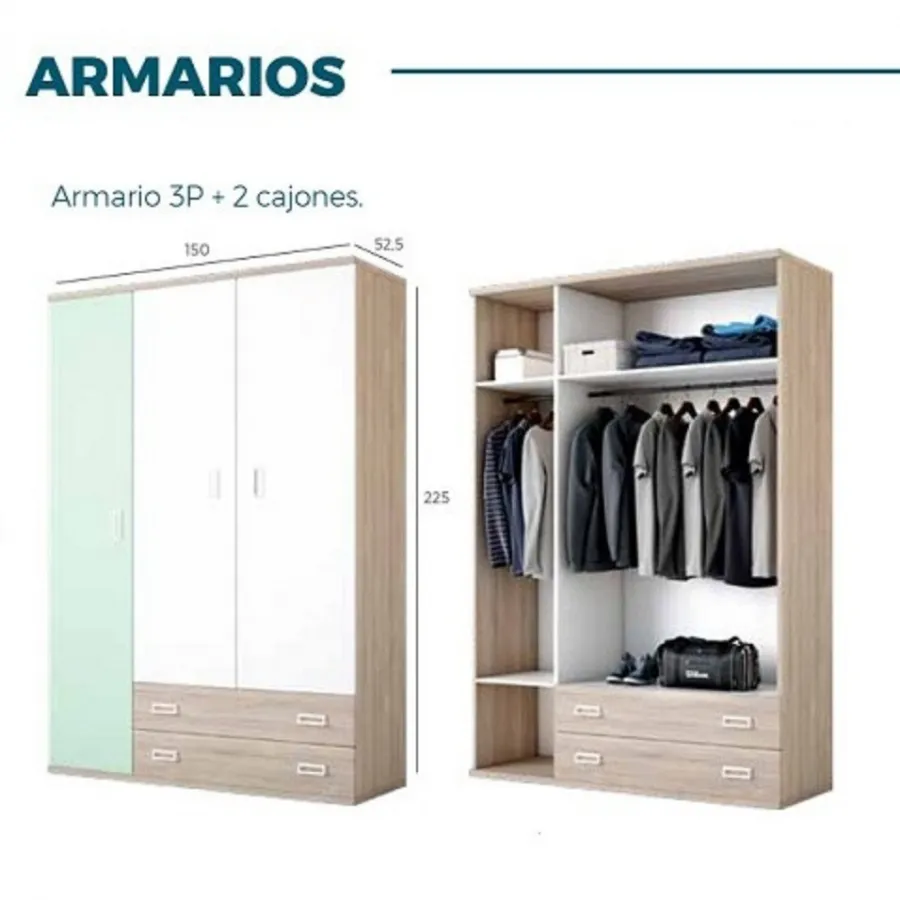 Armario juvenil tres puertas dos cajones