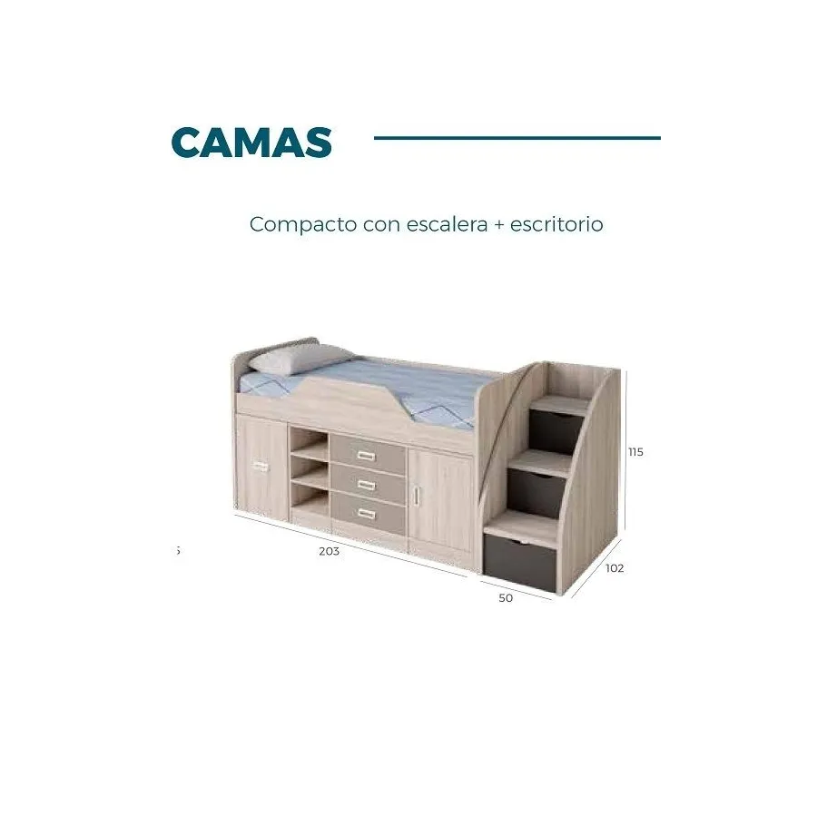 Cama compacta con cajones y escritorio oculto