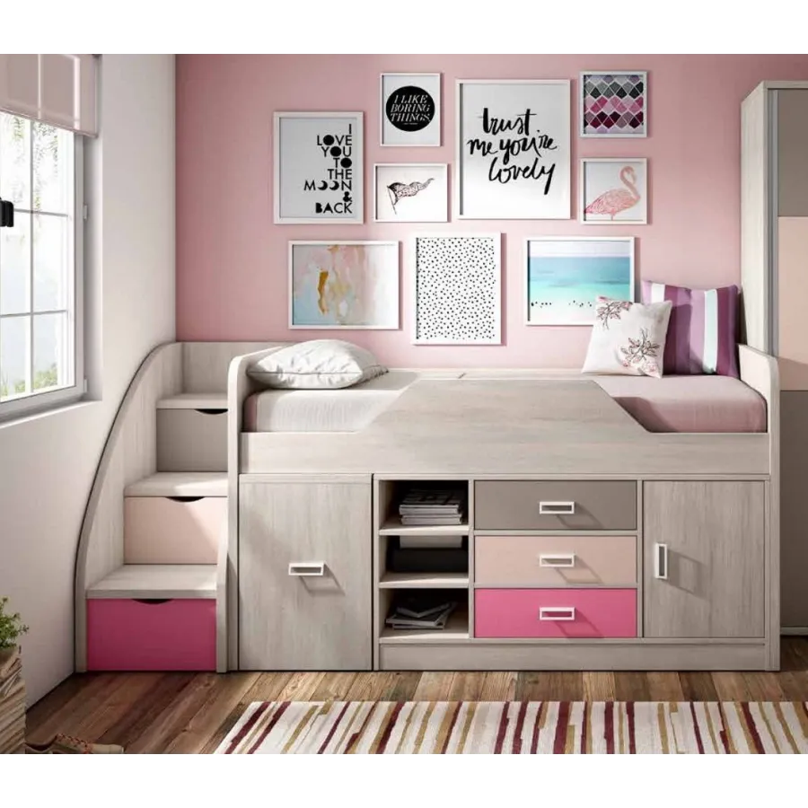 Cama compacta con cajones y escritorio oculto