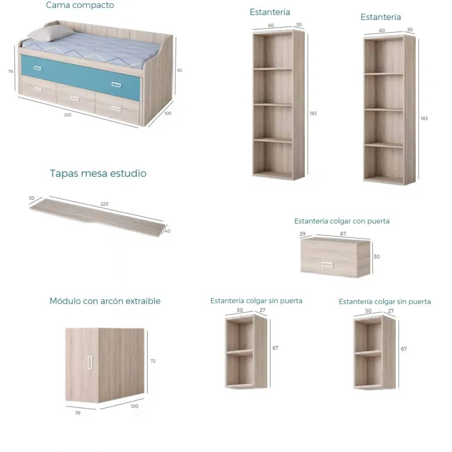 Dormitorio juvenil Lollipop con cama compacta