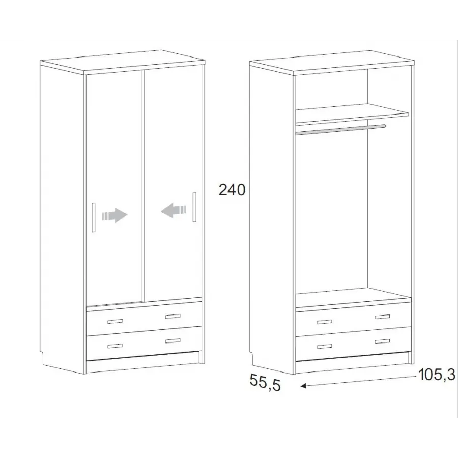 Armario corredera 2 cajones vistos